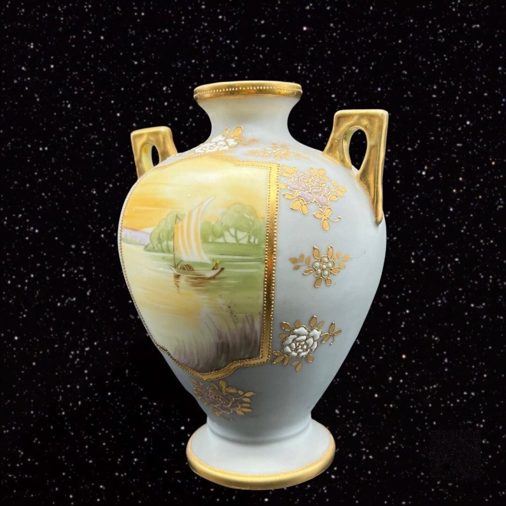 Antique‎ Porcelain Nippon Moriage Vase Golden Hand Painted Double Handled Boat - Picture 7 of 8